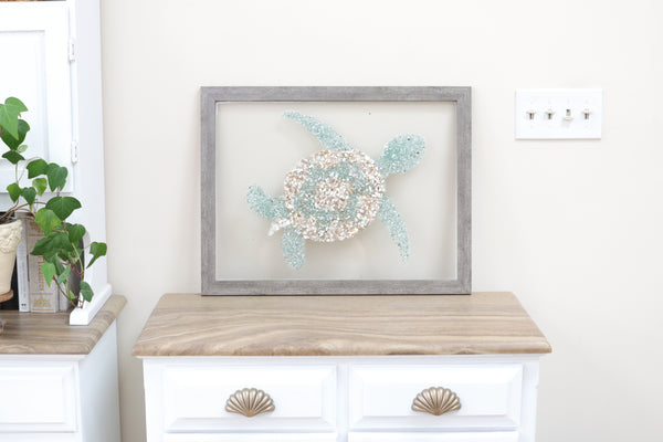 Large Turtle Sea Glass and Shells Resin Art, 20x26