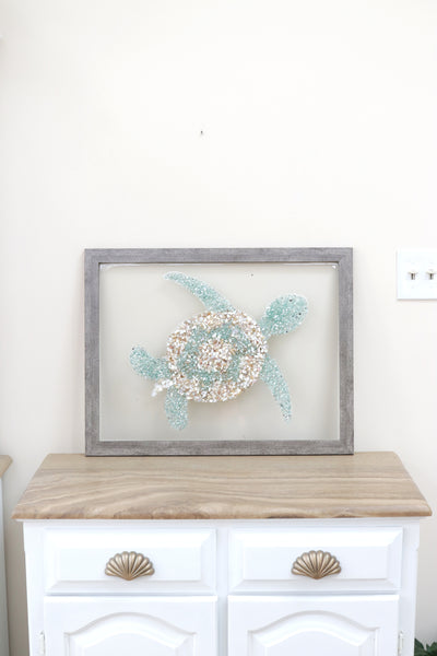Large Turtle Sea Glass and Shells Resin Art, 20x26