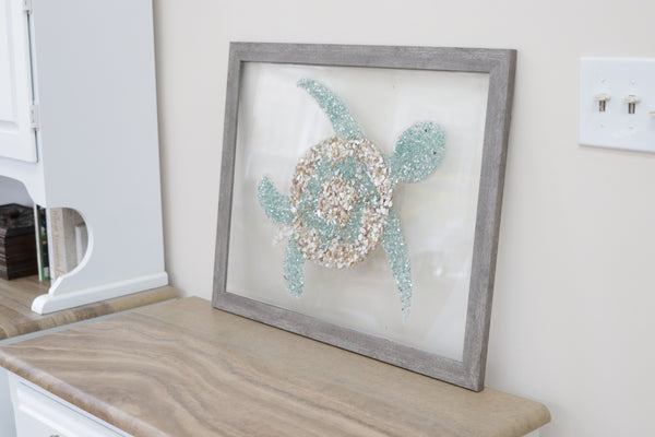 Large Turtle Sea Glass and Shells Resin Art, 20x26