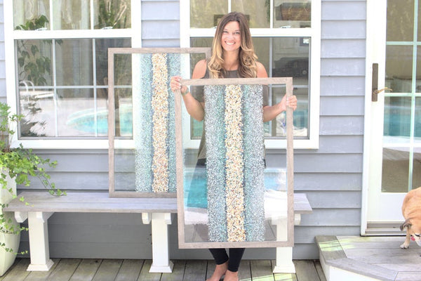 Extra Large Abstract Line Sea Glass and Shells Resin Art, 38x26