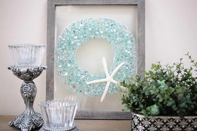 Christmas Wreath Sea Glass Resin Art, 15.5x12.5 – Treasured Gifts NJ, LLC