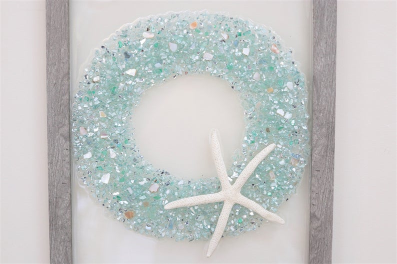 Christmas Wreath Sea Glass Resin Art, 15.5x12.5