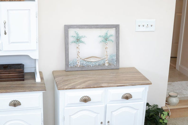 Large Palm Tree and Hammock Sea Glass Resin Art, 18x22