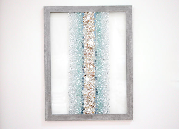 Large Abstract Line Sea Glass and Shells Resin Art, 26x20