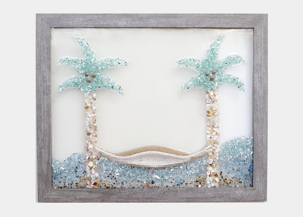 Large Palm Tree and Hammock Sea Glass Resin Art, 18x22