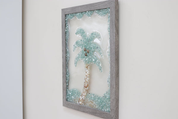 Palm Tree Sea Glass Resin Art, 15.5x12.5