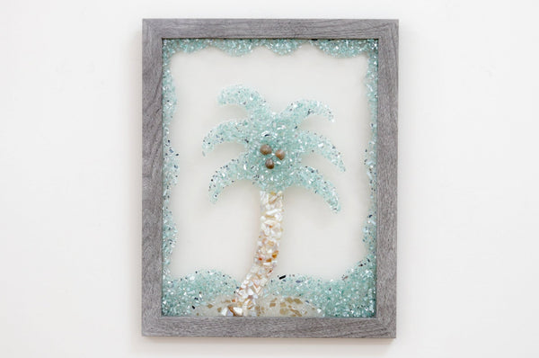 Palm Tree Sea Glass Resin Art, 15.5x12.5