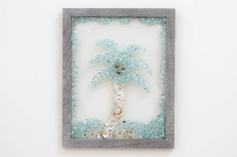 Palm Tree Sea Glass Resin Art, 15.5x12.5