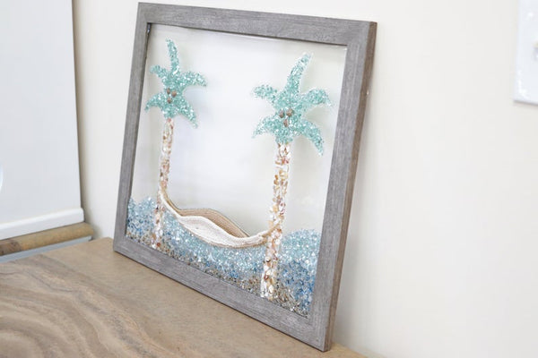 Large Palm Tree and Hammock Sea Glass Resin Art, 18x22