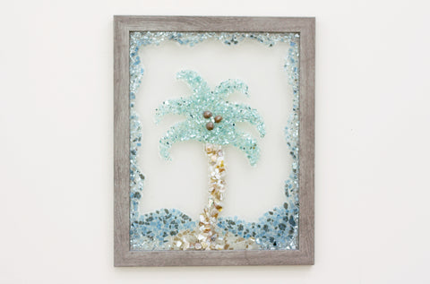 Palm Tree Sea Glass Resin Art, 15.5x12.5
