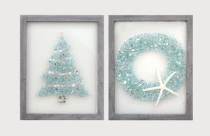 Christmas Tree and Wreath Sea Glass Resin Art Combo, Each 15.5x12.5